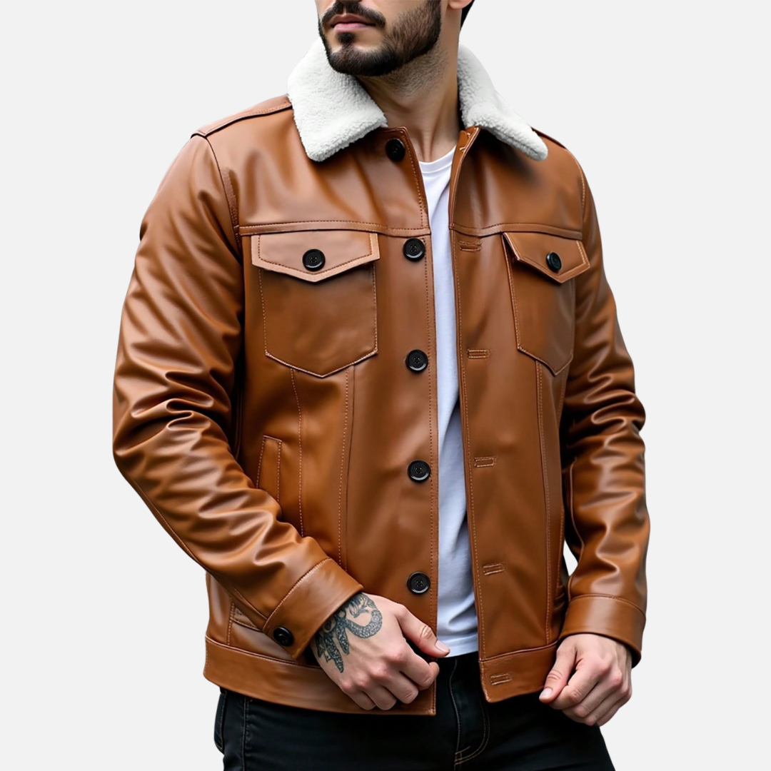 Jaqueta de Couro Masculina Rafinno com Gola Forrada